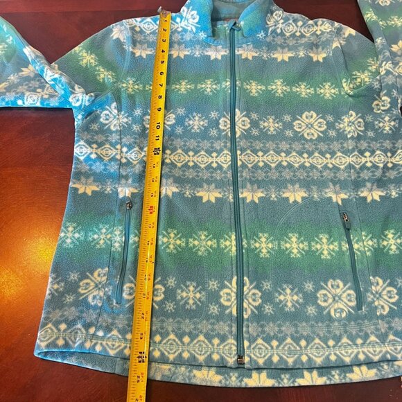 Talbots Womens Full-Zip Fleece Jacket L Snowflake Print Blue & Green - Picture 8 of 8